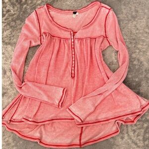 We the Free People Kai Pink Babydoll Burnout Thermal Henley Top Oversized Sz S